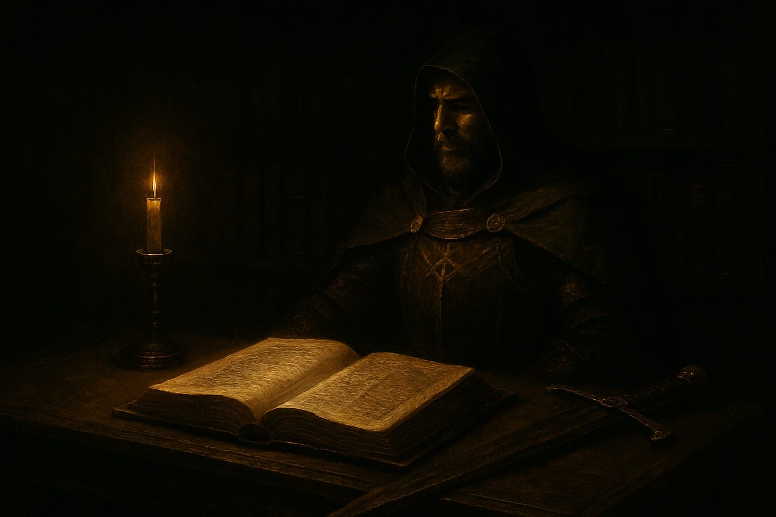 A keeper at a candlelit desk with a glowing ledger and a sword